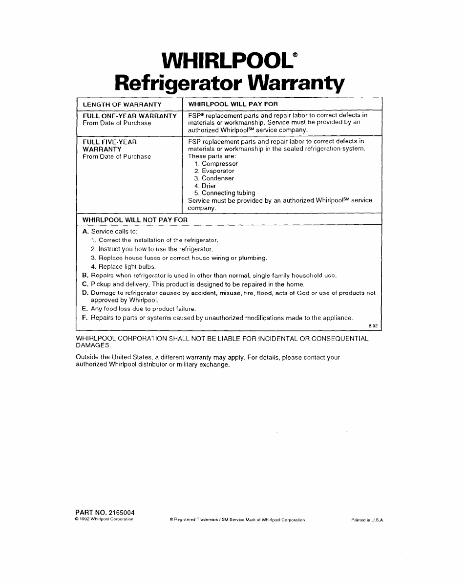 Whirlpool^ refrigerator warranty | Whirlpool 6ET18DK User Manual | Page 20 / 20