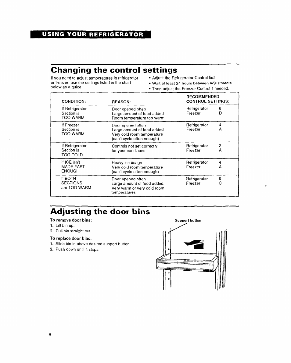 Changing the control settings, Adjusting the door bins | Whirlpool 6ET18DK User Manual | Page 8 / 20
