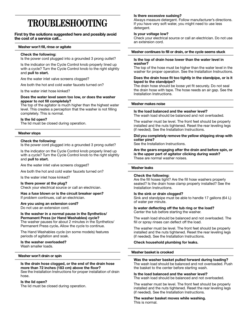 Troubleshooting | Whirlpool 3XLSQ8000 User Manual | Page 10 / 35
