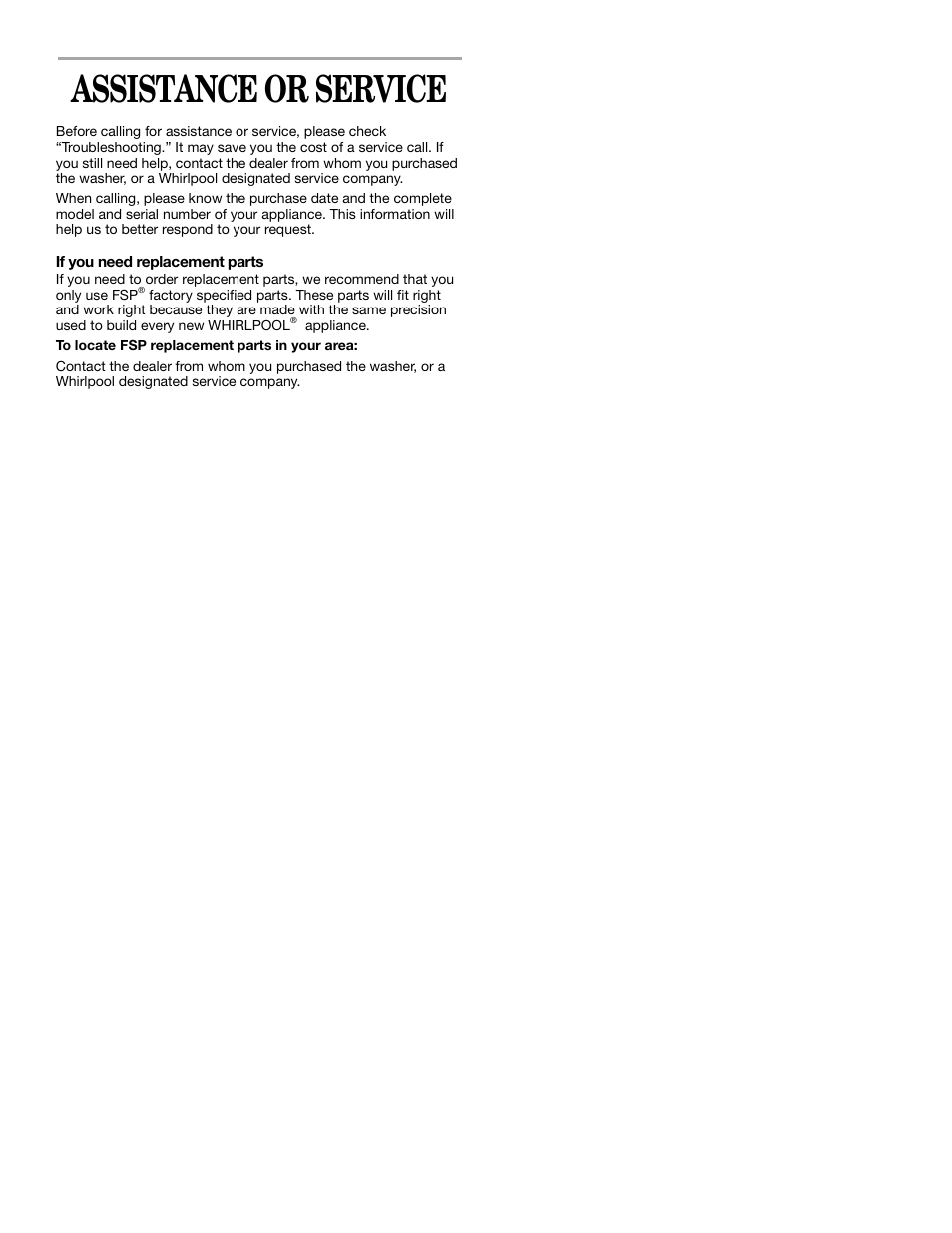 Assistance or service | Whirlpool 3XLSQ8000 User Manual | Page 12 / 35