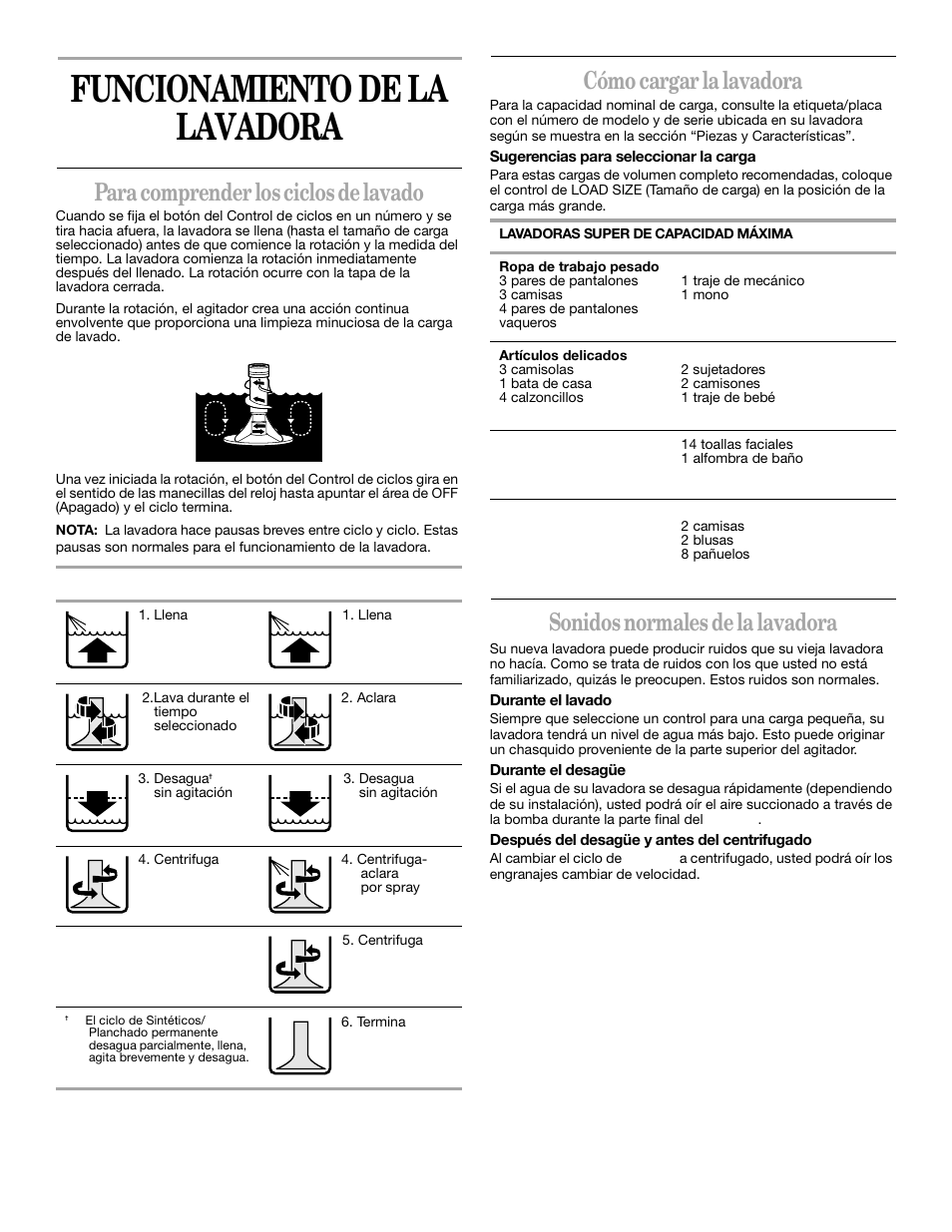 Funcionamiento de la lavadora, Para comprender los ciclos de lavado, Cómo cargar la lavadora | Sonidos normales de la lavadora | Whirlpool 3XLSQ8000 User Manual | Page 15 / 35