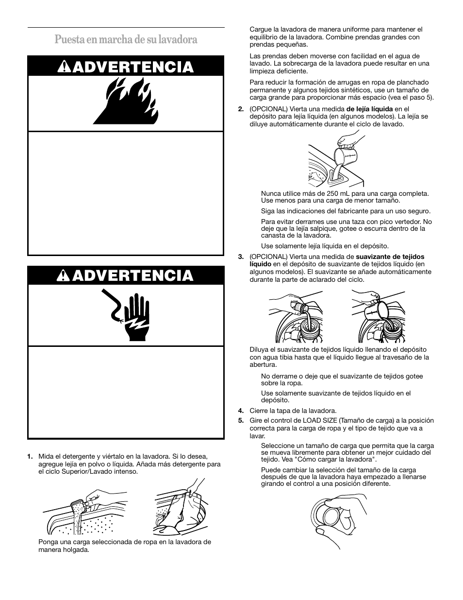 Advertencia, Puesta en marcha de su lavadora | Whirlpool 3XLSQ8000 User Manual | Page 16 / 35