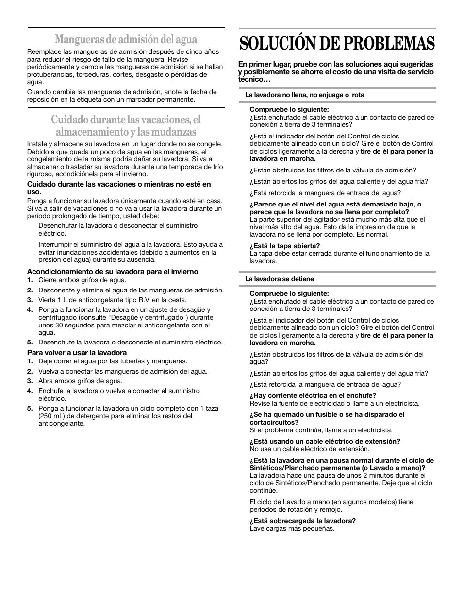 Solución de problemas, Mangueras de admisión del agua | Whirlpool 3XLSQ8000 User Manual | Page 20 / 35