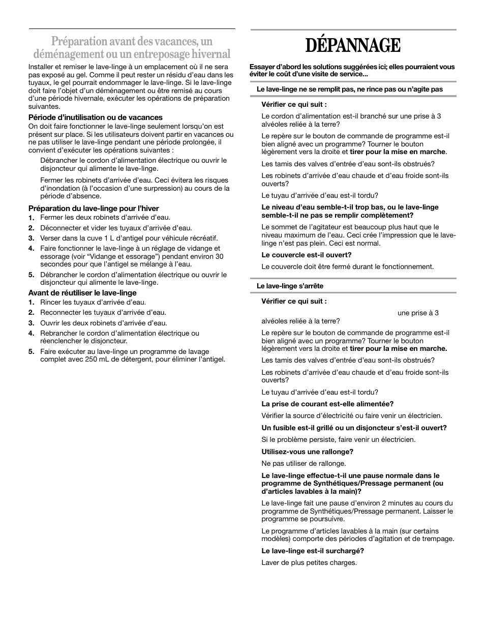Dépannage | Whirlpool 3XLSQ8000 User Manual | Page 31 / 35