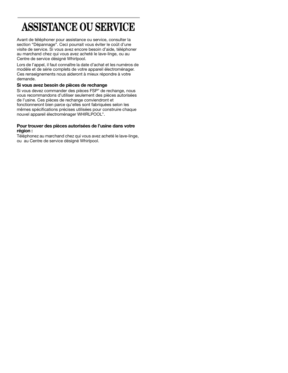 Assistance ou service | Whirlpool 3XLSQ8000 User Manual | Page 34 / 35