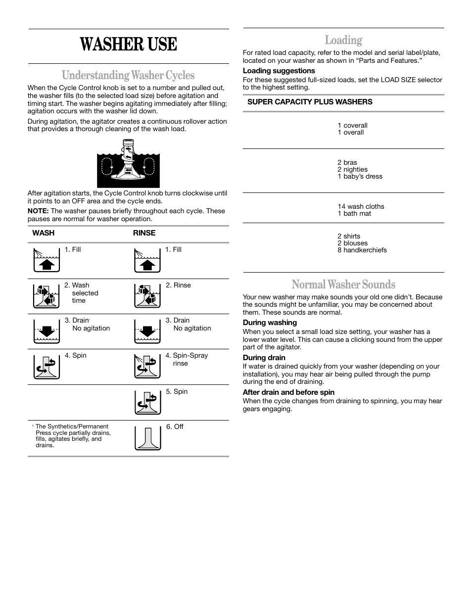 Washer use, Understanding washer cycles, Loading | Normal washer sounds | Whirlpool 3XLSQ8000 User Manual | Page 5 / 35