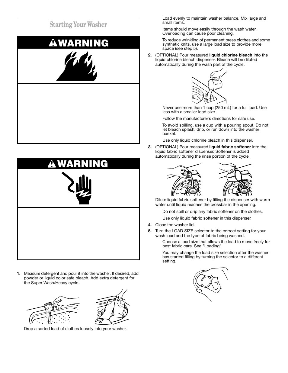 Warning, Starting your washer | Whirlpool 3XLSQ8000 User Manual | Page 6 / 35