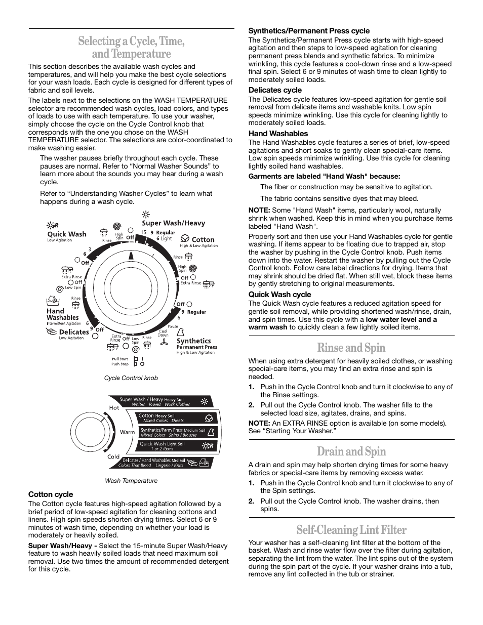 Selecting a cycle, time, and temperature, Rinse and spin, Drain and spin | Self-cleaning lint filter | Whirlpool 3XLSQ8000 User Manual | Page 8 / 35
