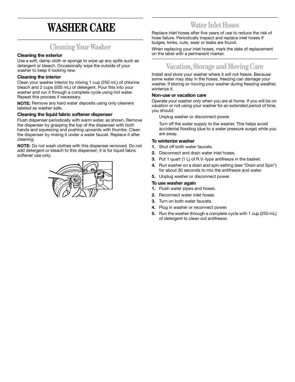 Washer care, Cleaning your washer, Water inlet hoses | Vacation, storage and moving care | Whirlpool 3XLSQ8000 User Manual | Page 9 / 35