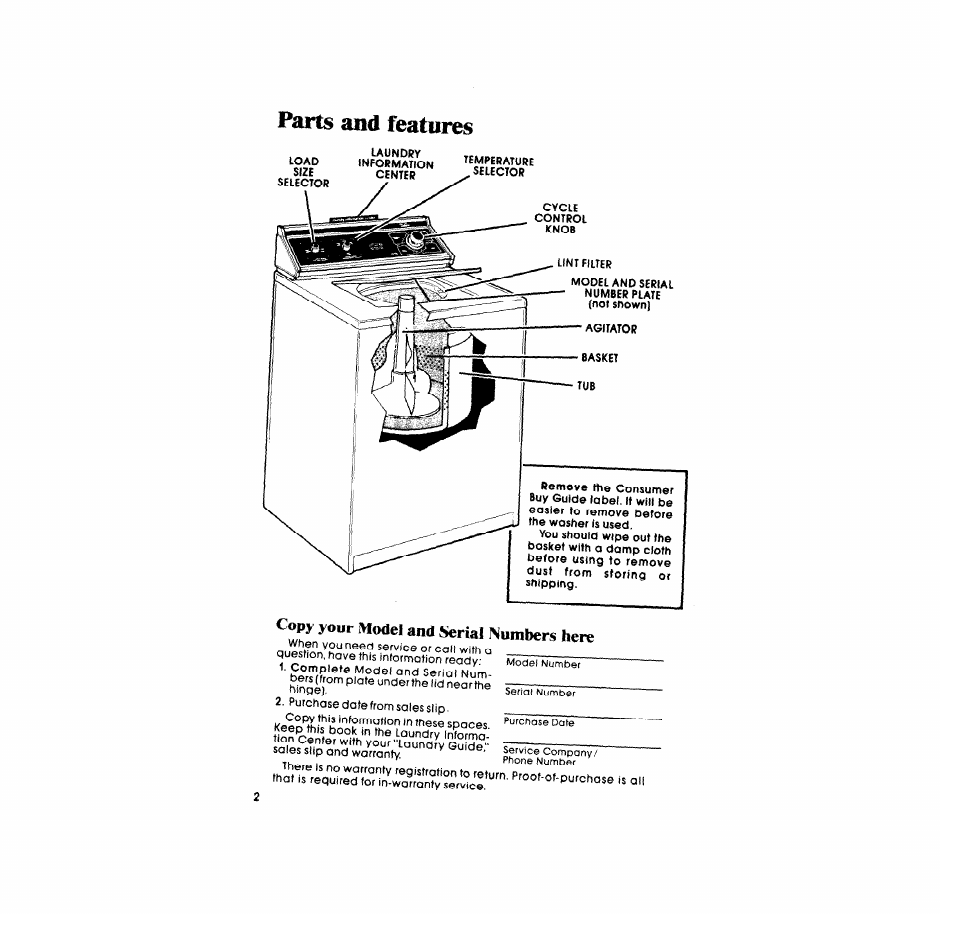 Parts and features, Model and serial numbers here, Lint filter | When you need service or call with, Question | Whirlpool LA5580XM User Manual | Page 2 / 12