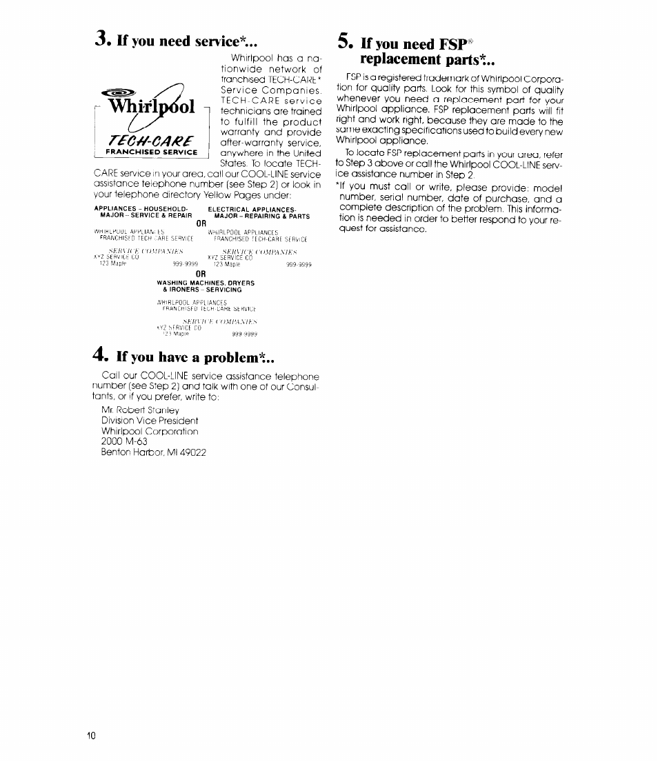 Wwrlp^l, If you need service, If you have a problem | If you need fsp® replacement parish, R£c//-ca | Whirlpool EV150L User Manual | Page 10 / 12