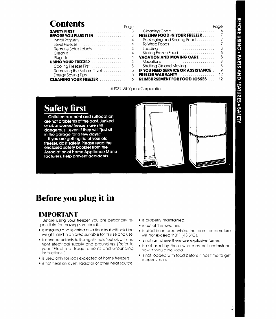 Contents paae, Safety first, Before you plug it in | Important | Whirlpool EV150L User Manual | Page 3 / 12