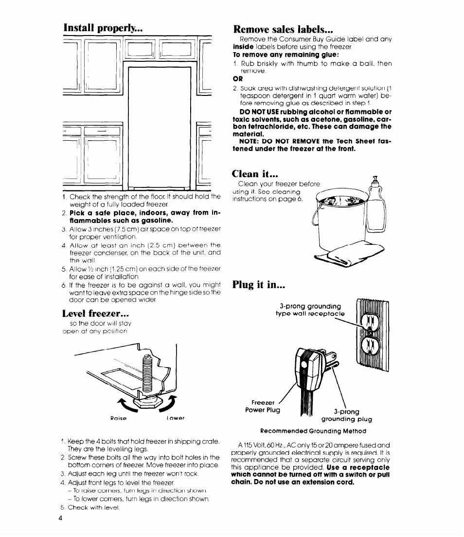 Install properly, Level freezer, Remove sales labels | Plug it in | Whirlpool EV150L User Manual | Page 4 / 12