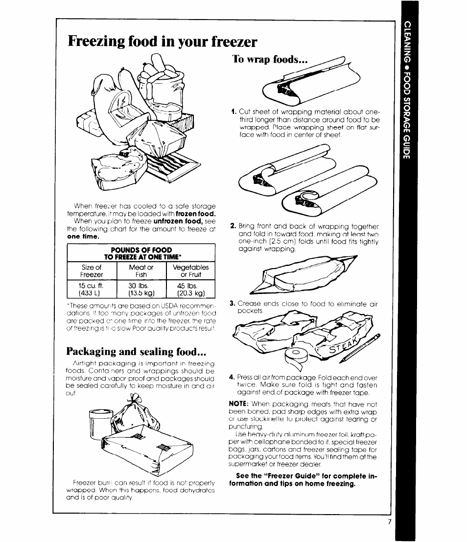 Freezing food in your freezer, To wrap foods, Packaging and sealing food | Whirlpool EV150L User Manual | Page 7 / 12
