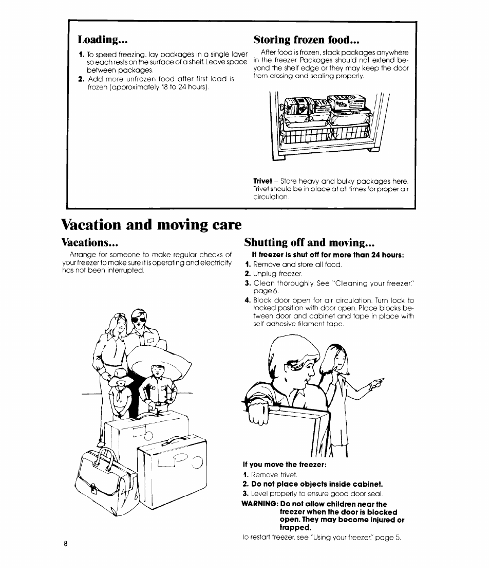 Vacation and moving care, Loading, Storing frozen food | Vacations, Shutting off and moving | Whirlpool EV150L User Manual | Page 8 / 12