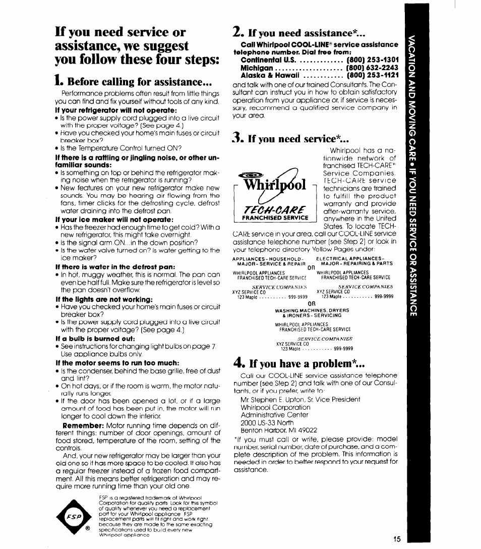 Whirldool, Before calling for assistance, R£c//-ca/if | If you need assistance, 3* if you need service, 4* if you have a problem | Whirlpool ED19HK User Manual | Page 15 / 16