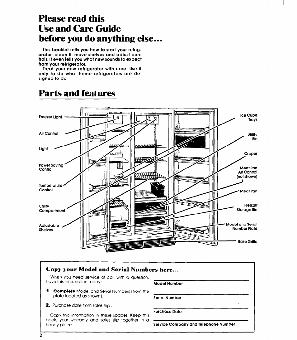 Parts and features, Copy your model and serial numbers here | Whirlpool ED19HK User Manual | Page 2 / 16