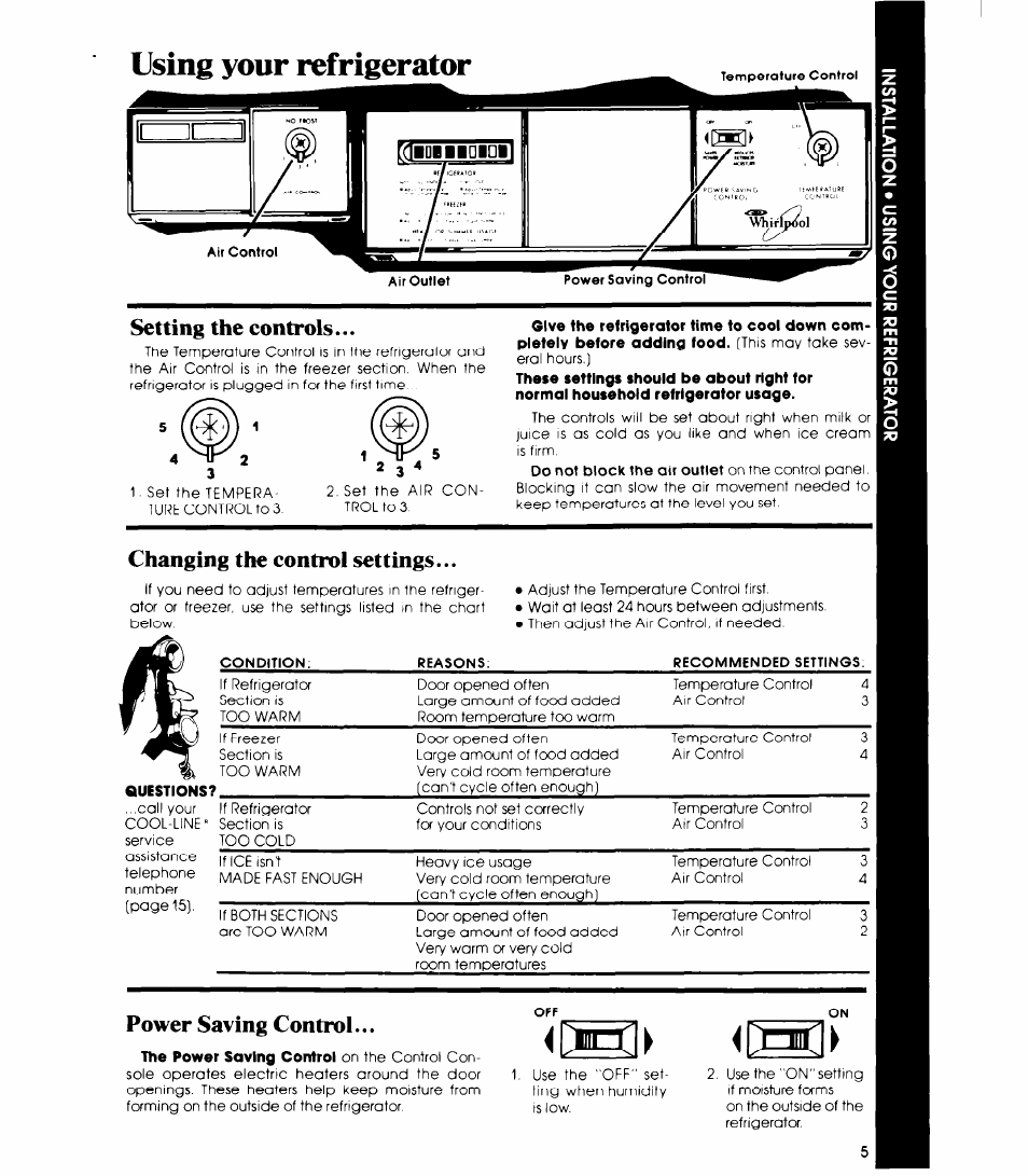 Setting the controls, Changing the control settings, Power saving control | Using your refrigerator, Aidiiididii, Whìtjp2)l | Whirlpool ED19HK User Manual | Page 5 / 16