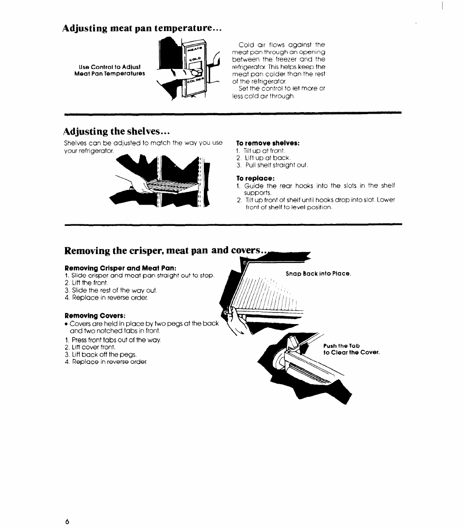 Adjusting meat pan temperature, Adjusting the shelves, Removing the crisper, meat pan and covers | Whirlpool ED19HK User Manual | Page 6 / 16