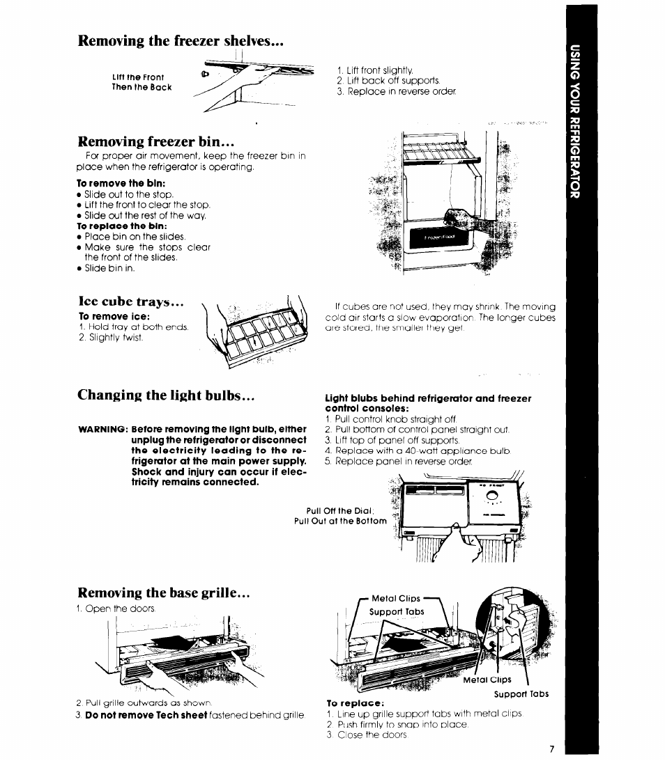 Removing the freezer shelves, Removing freezer bin, Changing the light bulbs | Removing the base grille, Ice cube trays, W •* fr | Whirlpool ED19HK User Manual | Page 7 / 16