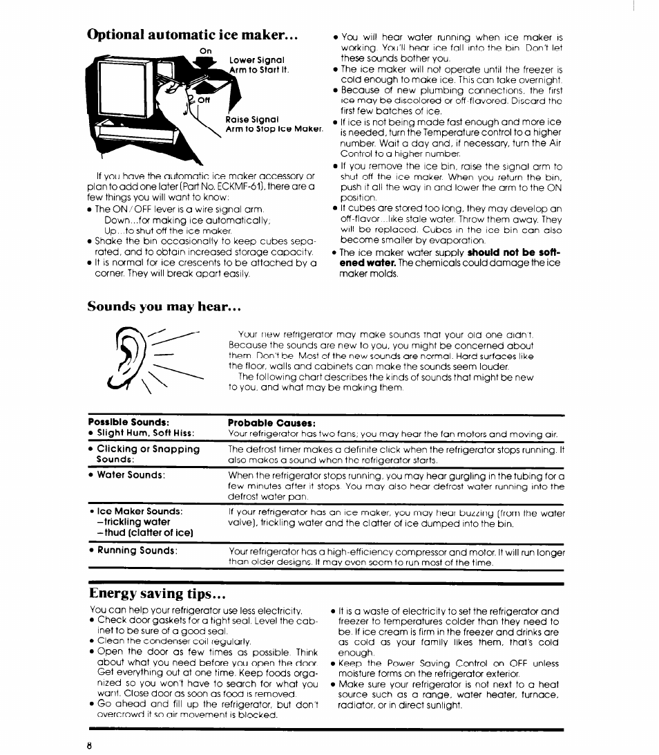 Optional automatic ice maker, Sounds you may hear, Energy saving tips | Whirlpool ED19HK User Manual | Page 8 / 16