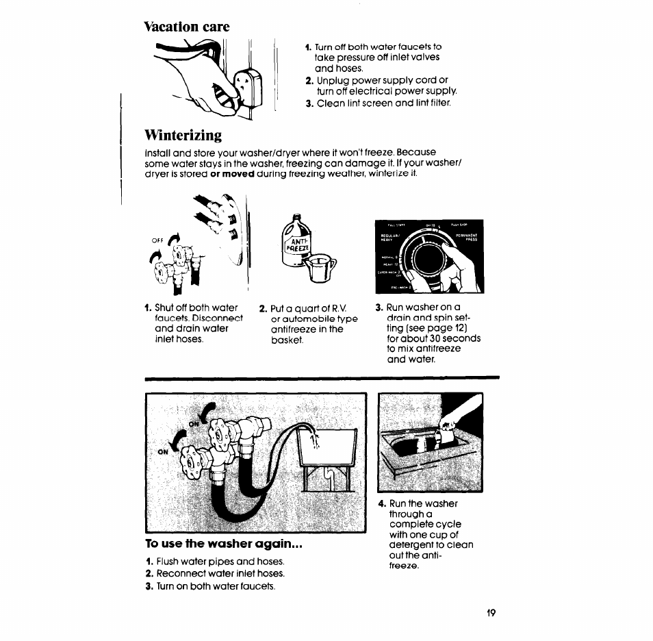 Vacation care, Winterizing | Whirlpool LT5100XS User Manual | Page 19 / 24