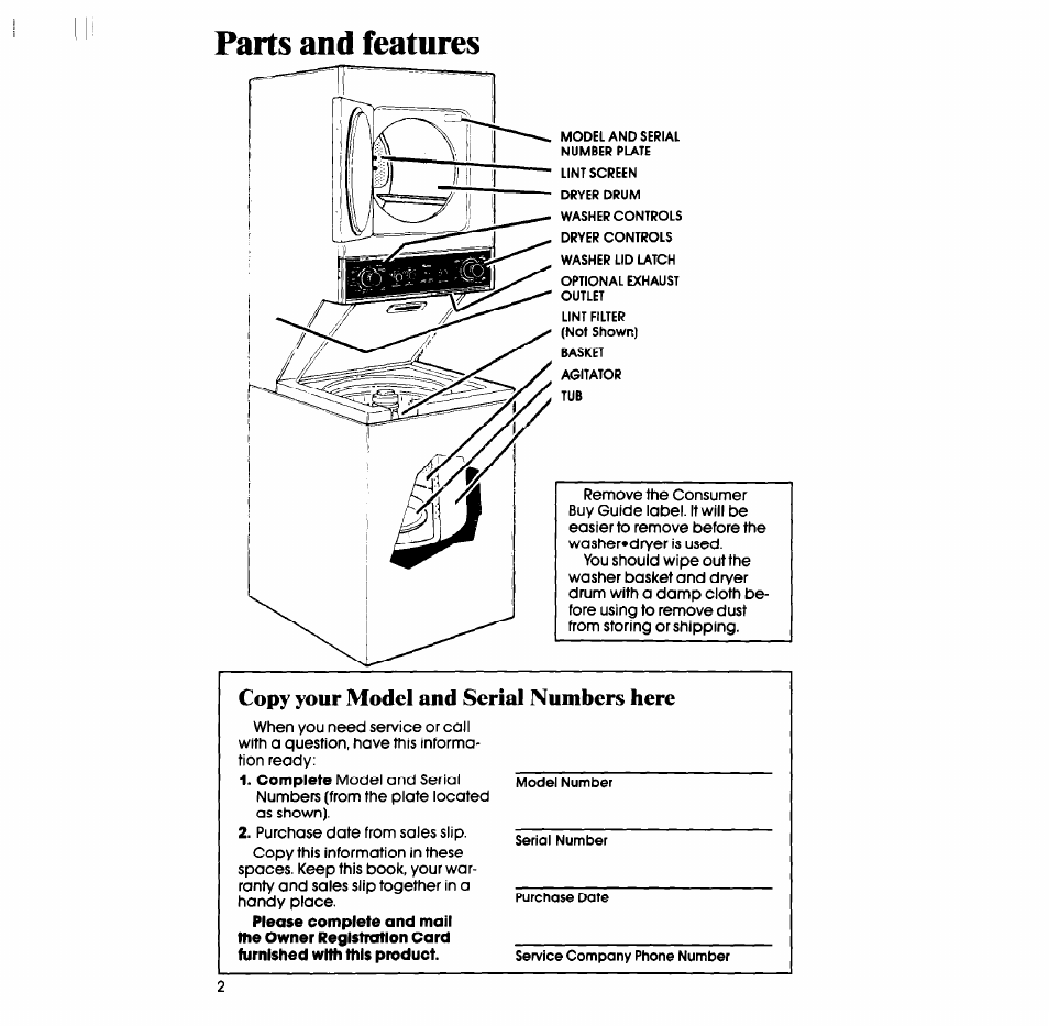 Copy your model and serial numbers here, Parts and features | Whirlpool LT5100XS User Manual | Page 2 / 24