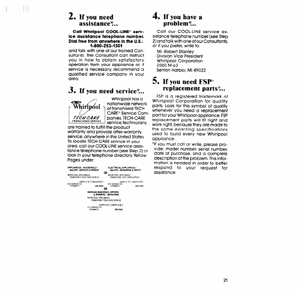 2« if you need assistanee, If you need service, 4, if you have a problem | 5, if you need fsp® replacement parts, If you need assistanee, If you have a problem | Whirlpool LT5100XS User Manual | Page 21 / 24