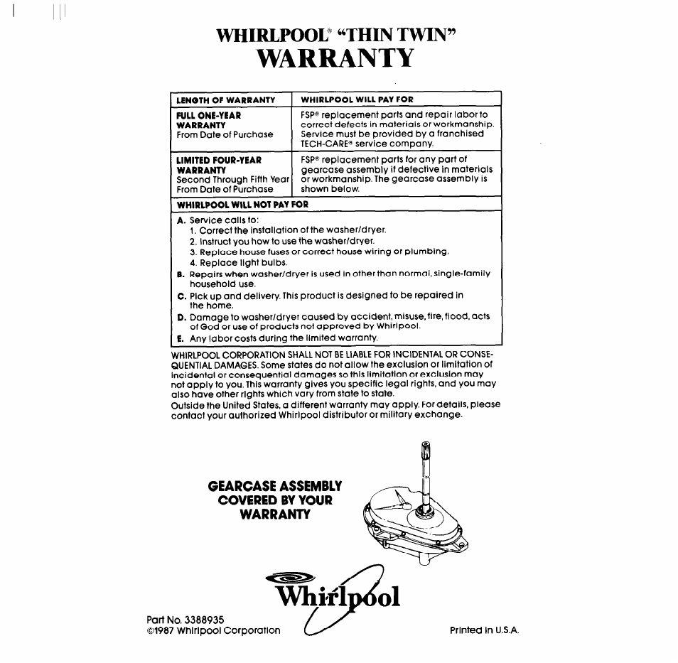 Whirl, Whirlpool* “thin twin, Warranty | Whirlpool LT5100XS User Manual | Page 24 / 24