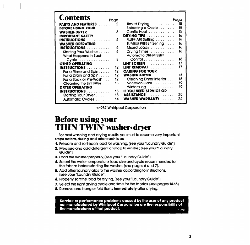 Before using your thin twin* washer« dryer | Whirlpool LT5100XS User Manual | Page 3 / 24