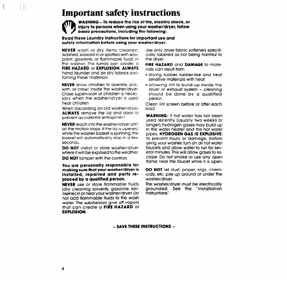 Important safety instructions | Whirlpool LT5100XS User Manual | Page 4 / 24