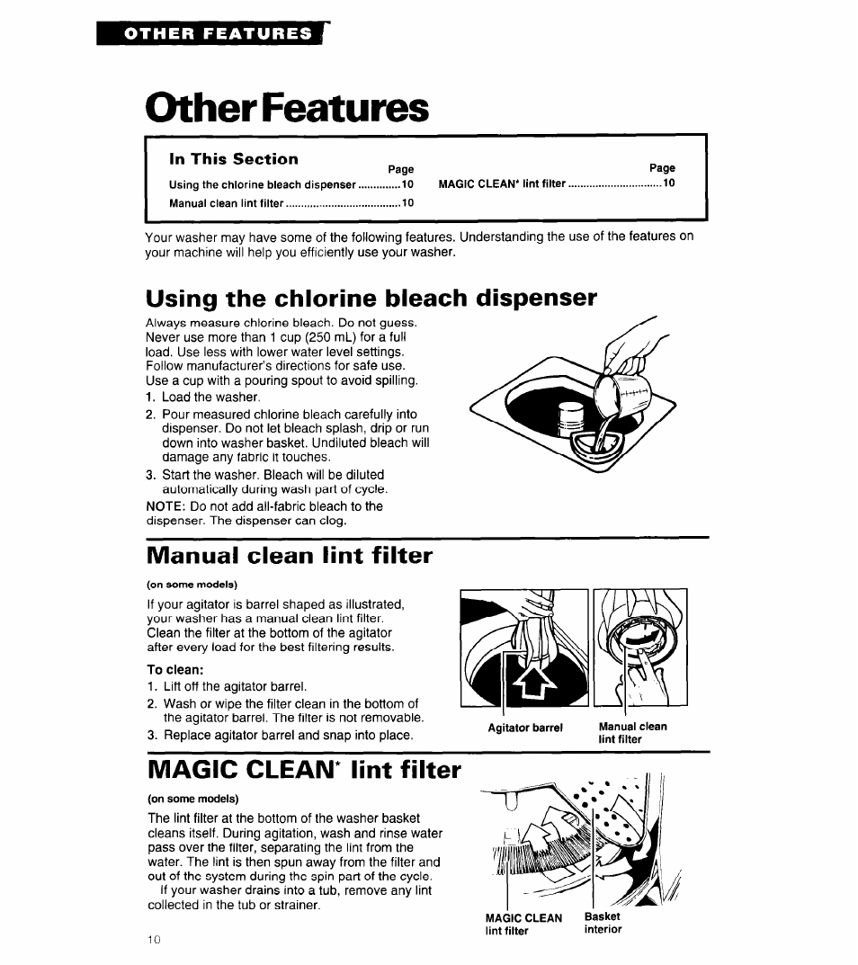 Other features, Using the chlorine bleach dispenser, Manual clean lint filter | Magic clean^ lint filter | Whirlpool 3360462 User Manual | Page 10 / 24