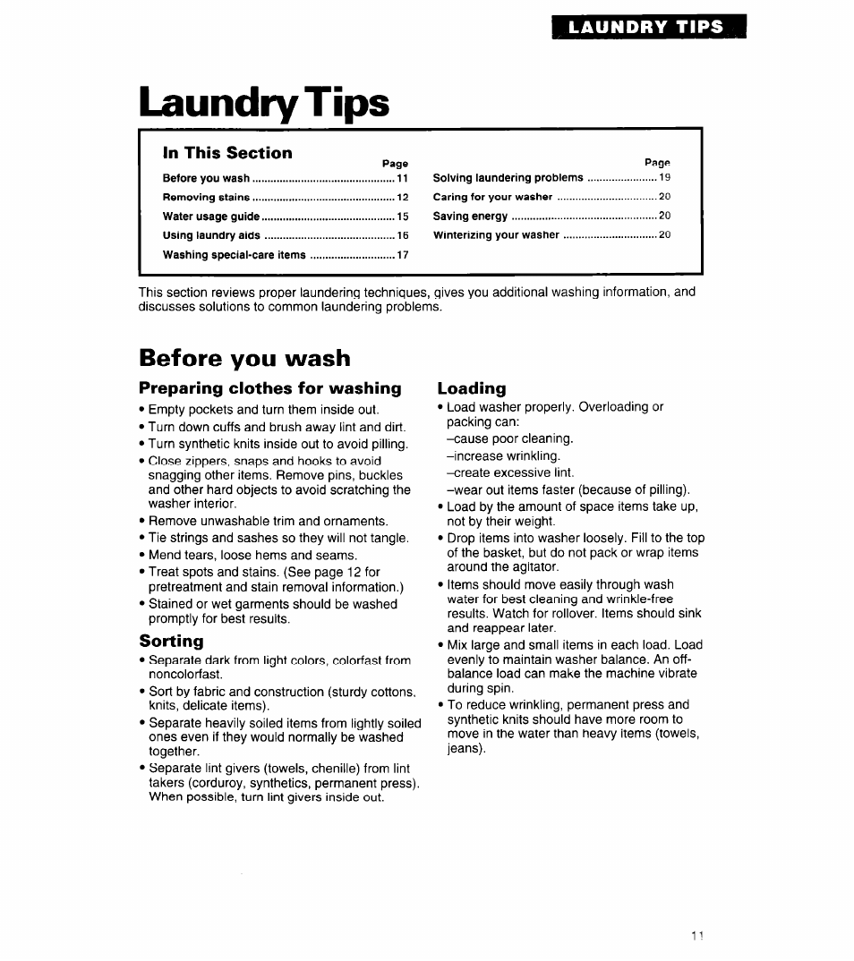 Laundry tips, Before you wash | Whirlpool 3360462 User Manual | Page 11 / 24