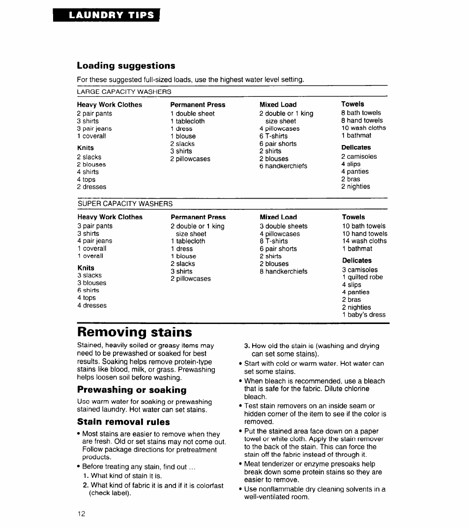 Removing stains | Whirlpool 3360462 User Manual | Page 12 / 24