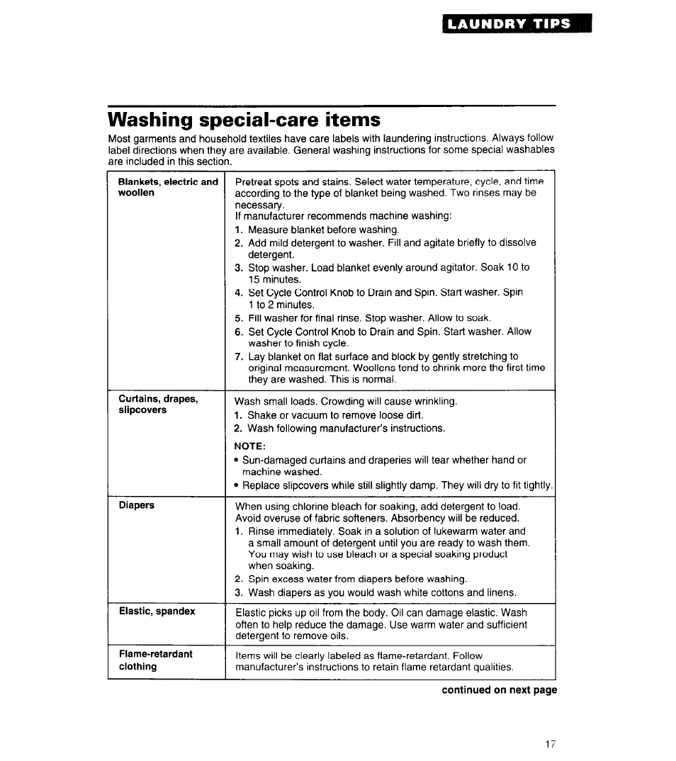 Washing special-care items | Whirlpool 3360462 User Manual | Page 17 / 24
