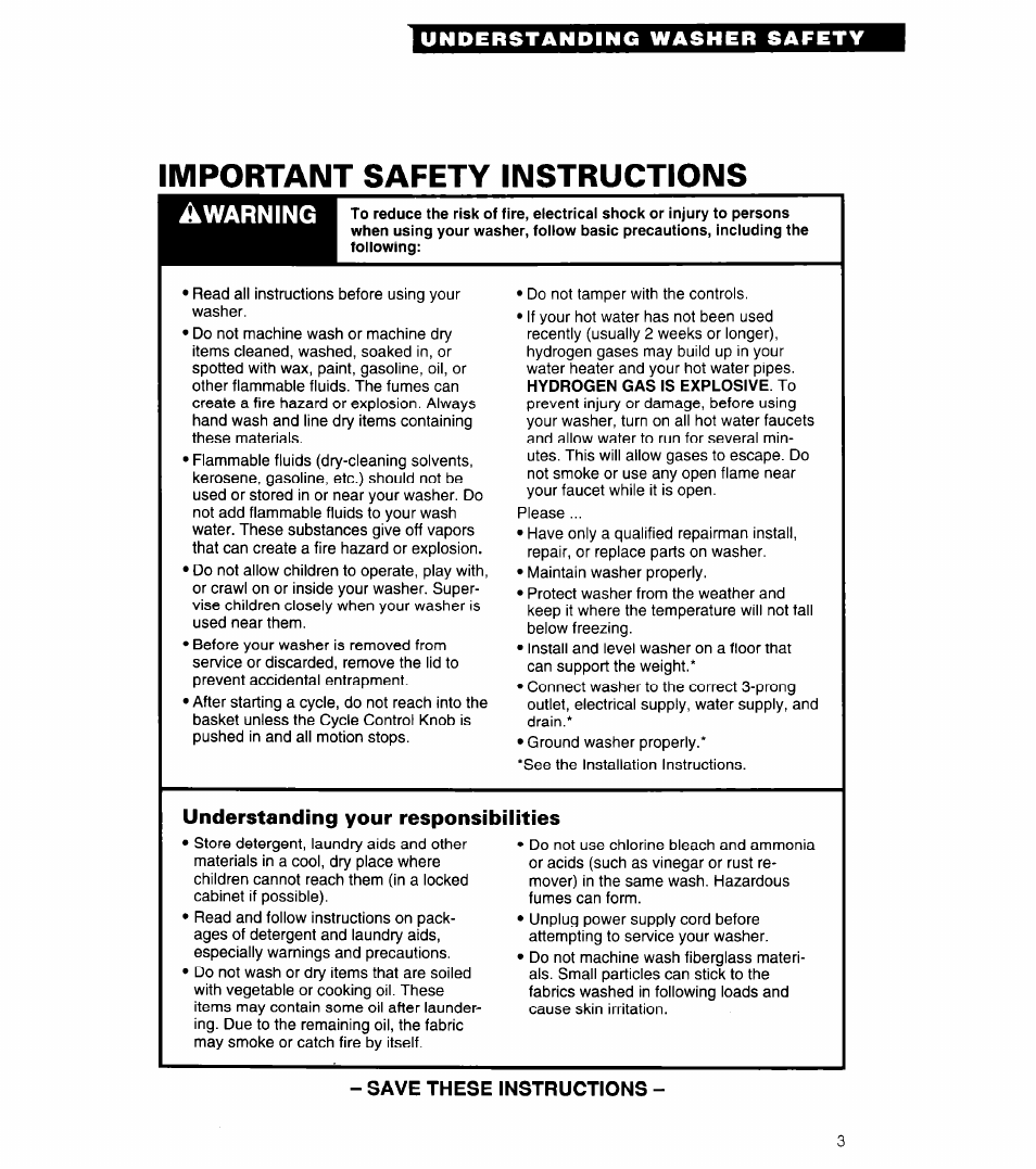 Save these instructions, Important safety instructions, Awarning | Whirlpool 3360462 User Manual | Page 3 / 24