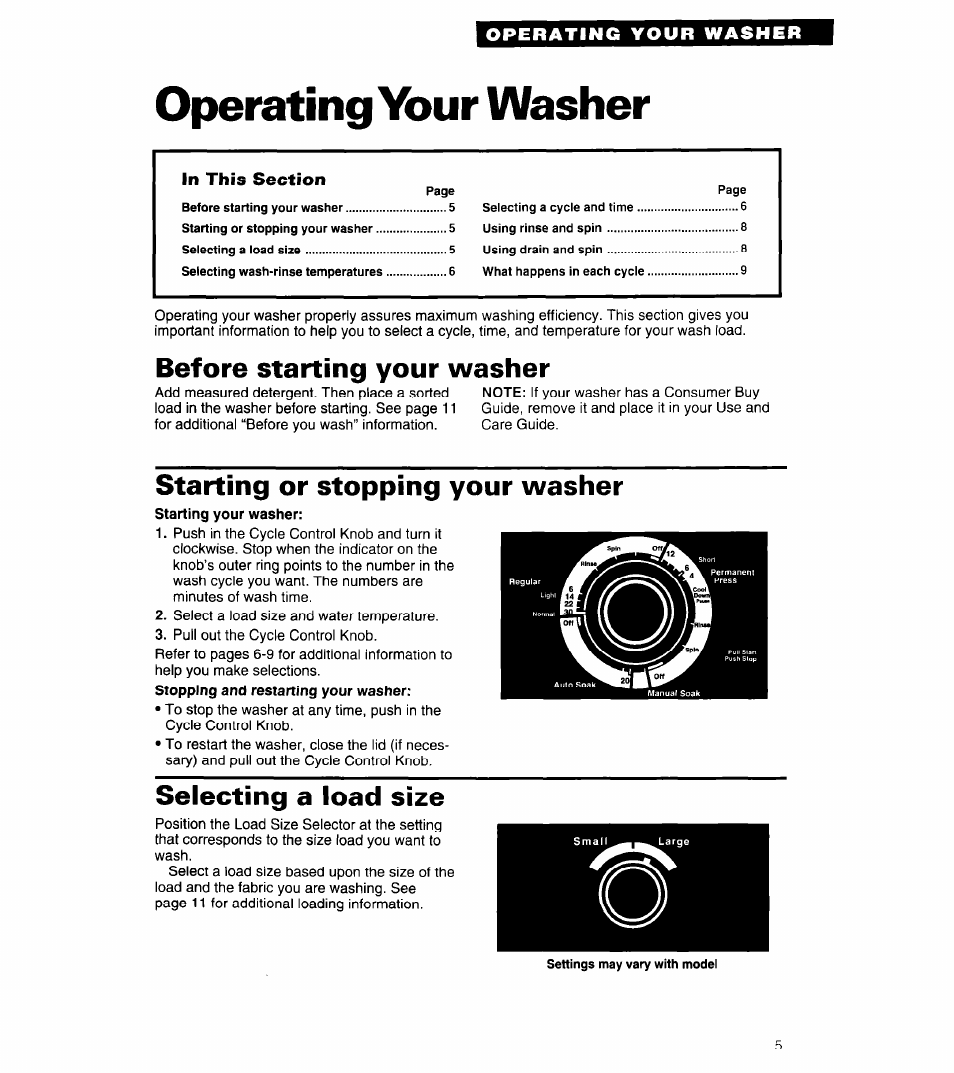 Operating your washer, Before starting your washer, Starting or stopping your washer | Selecting a load size | Whirlpool 3360462 User Manual | Page 5 / 24