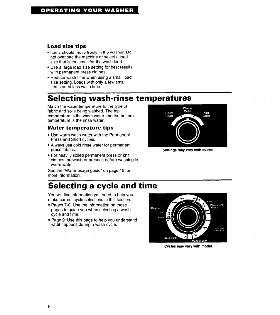 Load size tips, Water temperature tips, Selecting wash-rinse temperatures | Selecting a cycle and time | Whirlpool 3360462 User Manual | Page 6 / 24