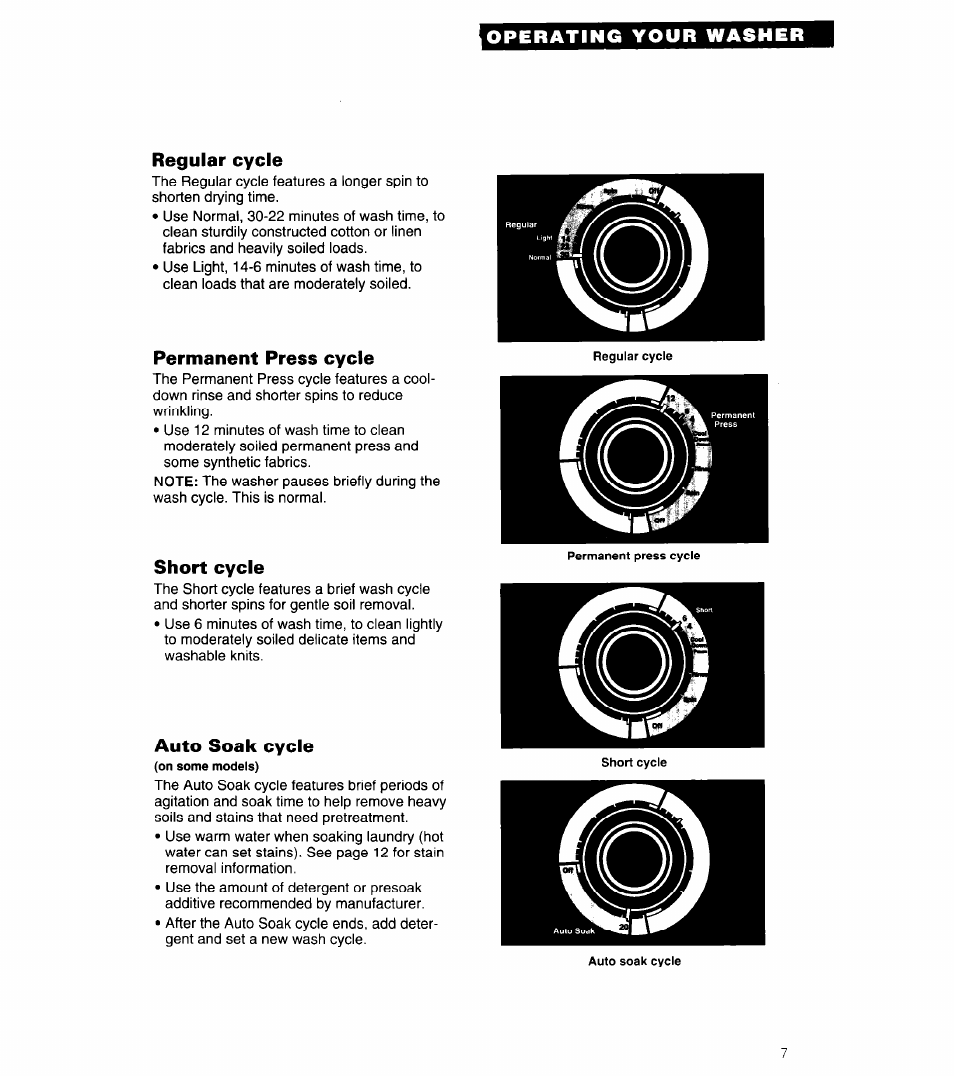 Regular cycle, Permanent press cycle, Short cycle | Auto soak cycle | Whirlpool 3360462 User Manual | Page 7 / 24