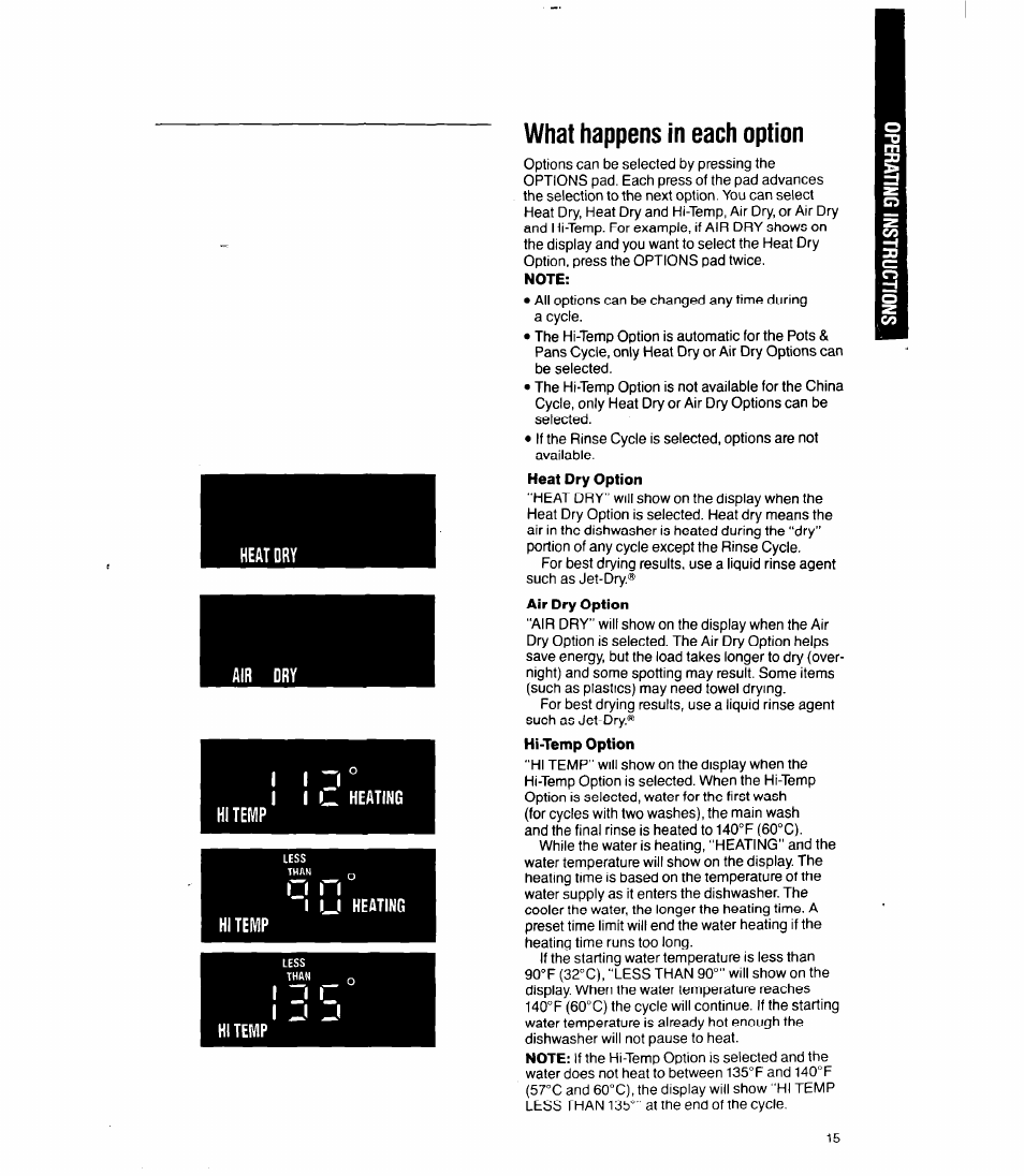 I n r, What happens in each option, U heating hi temp | I -i | Whirlpool 9700 User Manual | Page 15 / 28