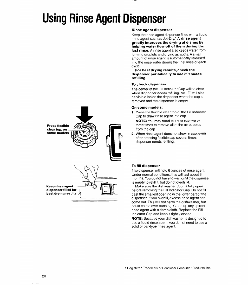 Using rinse agent dispenser | Whirlpool 9700 User Manual | Page 20 / 28