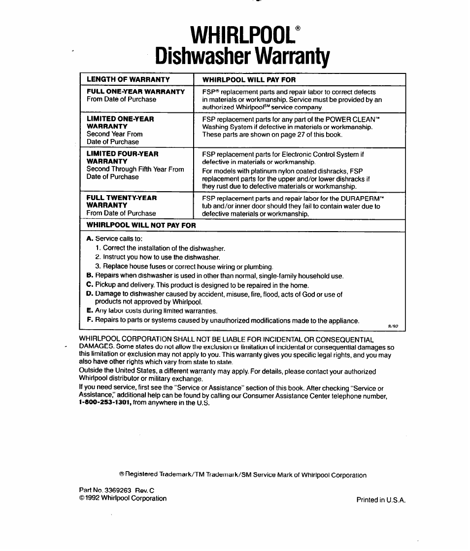 Whirlpool dishwasher warranty | Whirlpool 9700 User Manual | Page 28 / 28