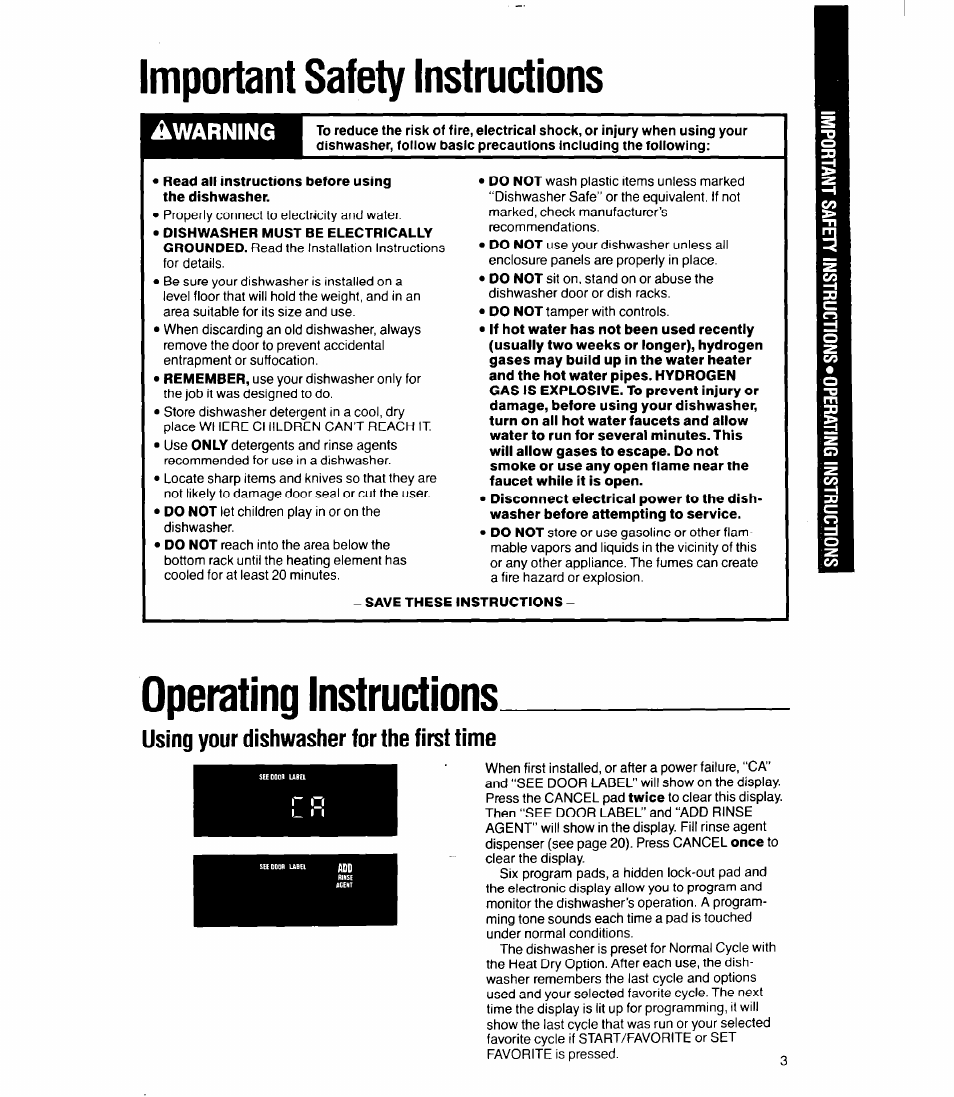 Important safety instructions, Operating instructions, Warning | Using your dishwasher for the first time | Whirlpool 9700 User Manual | Page 3 / 28