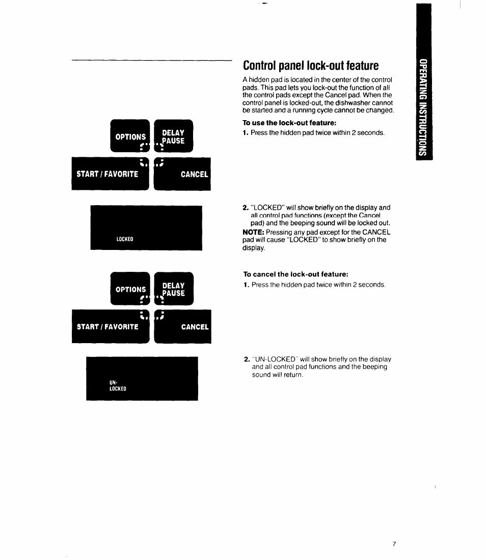 Start / favorite, Cancel, Start/favorite | Control panel lock-out feature | Whirlpool 9700 User Manual | Page 7 / 28