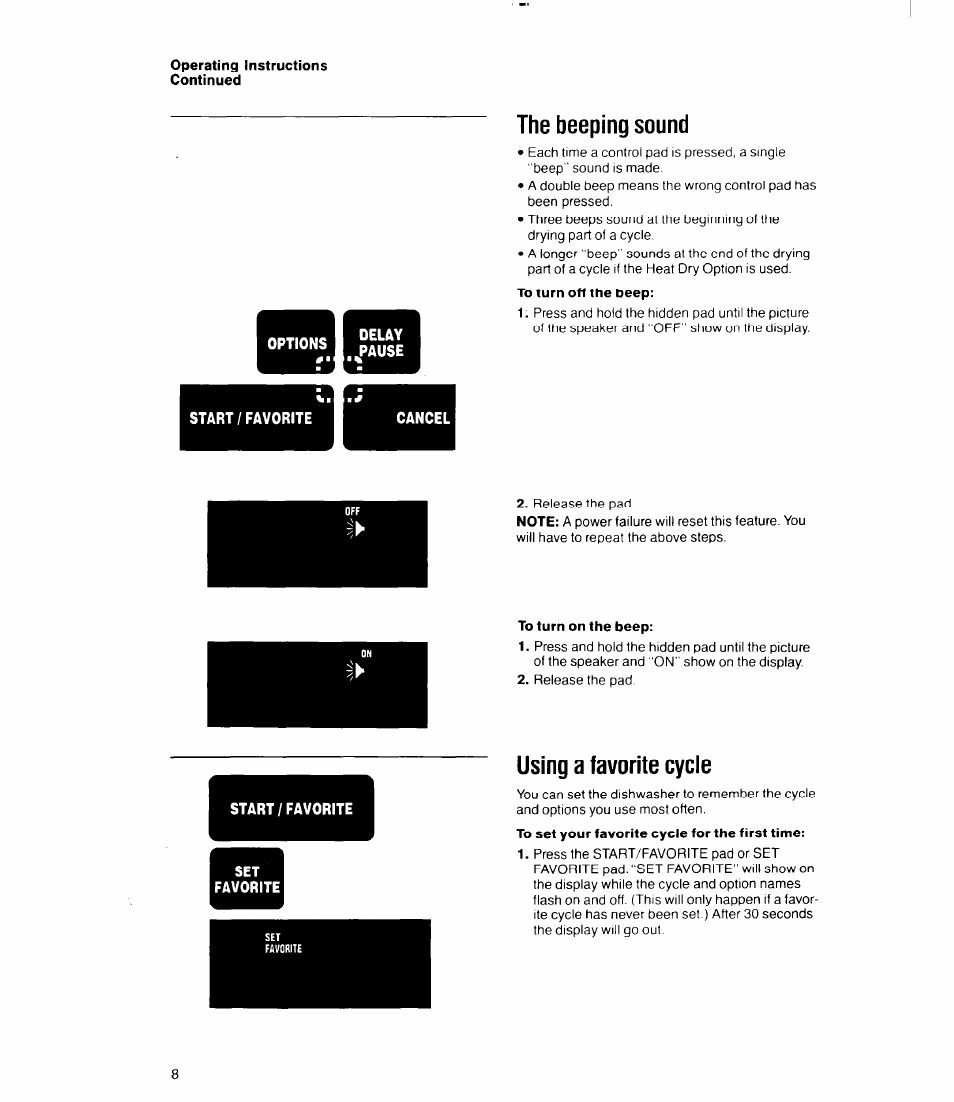 Start / favorite, Cancel, The beeping sound | Using a favorite cycle | Whirlpool 9700 User Manual | Page 8 / 28