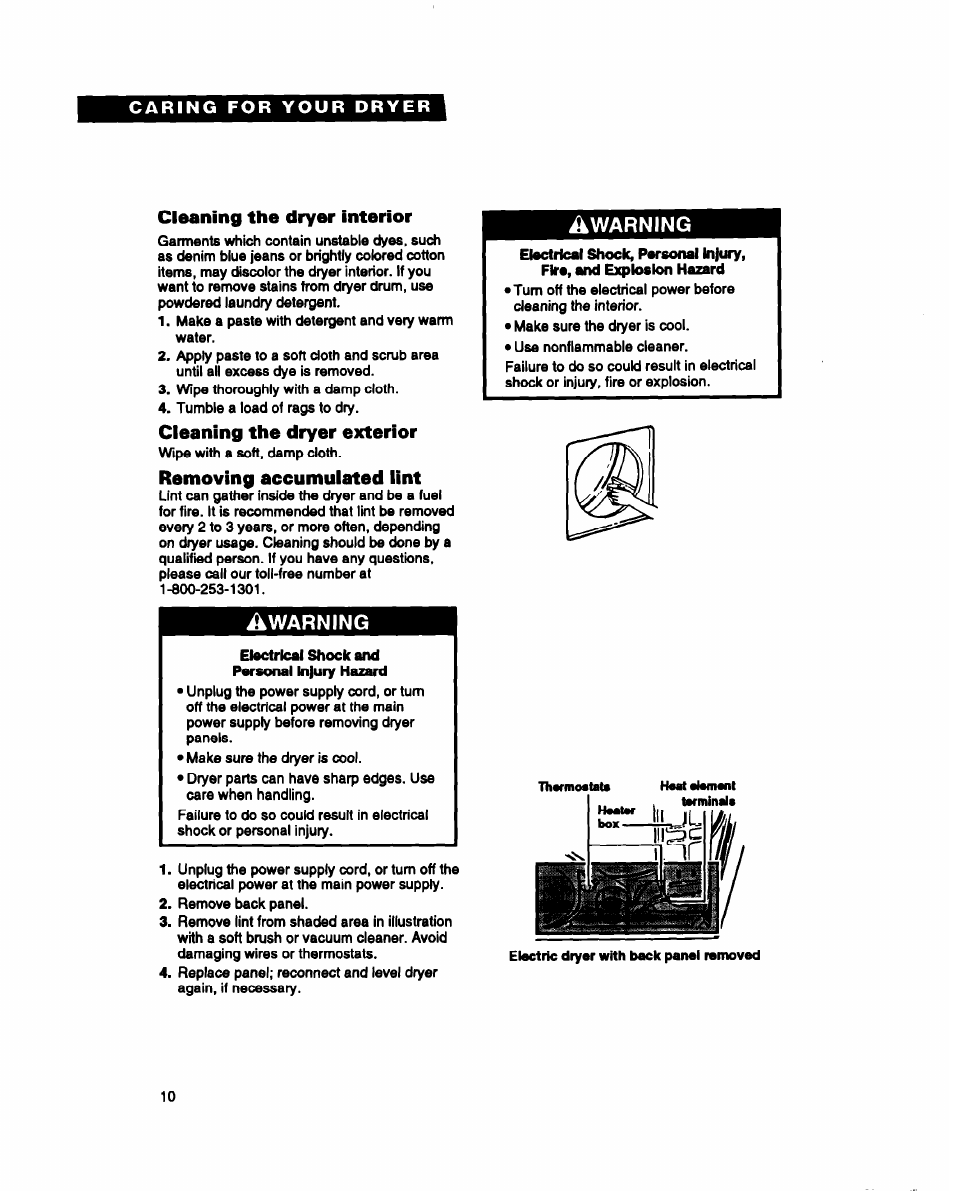 Cleaning the dryer interior, Cleaning the dryer exterior, Removing accumulated lint | Whirlpool BYCCD3421W0 User Manual | Page 10 / 20