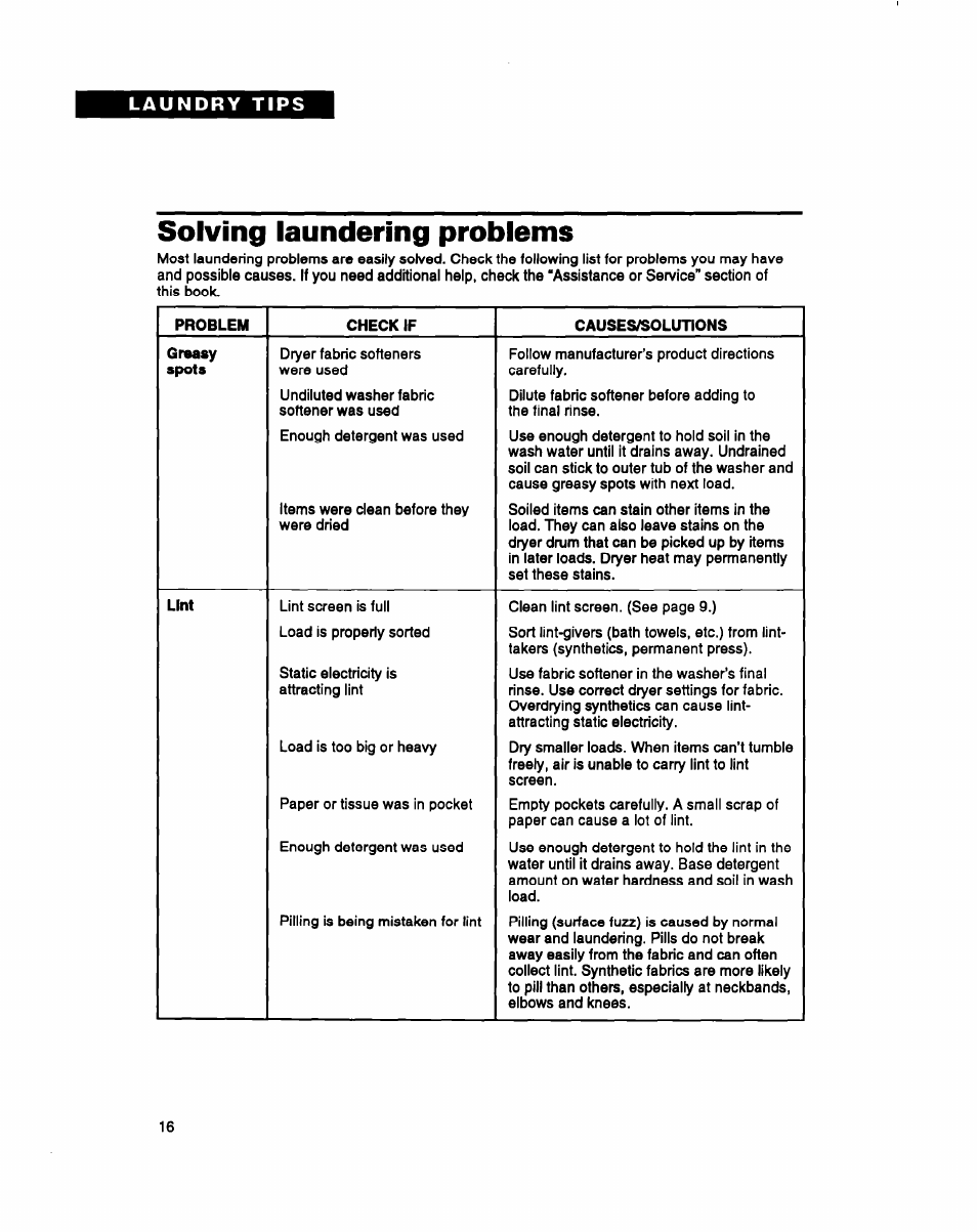 Solving laundering problems | Whirlpool BYCCD3421W0 User Manual | Page 16 / 20