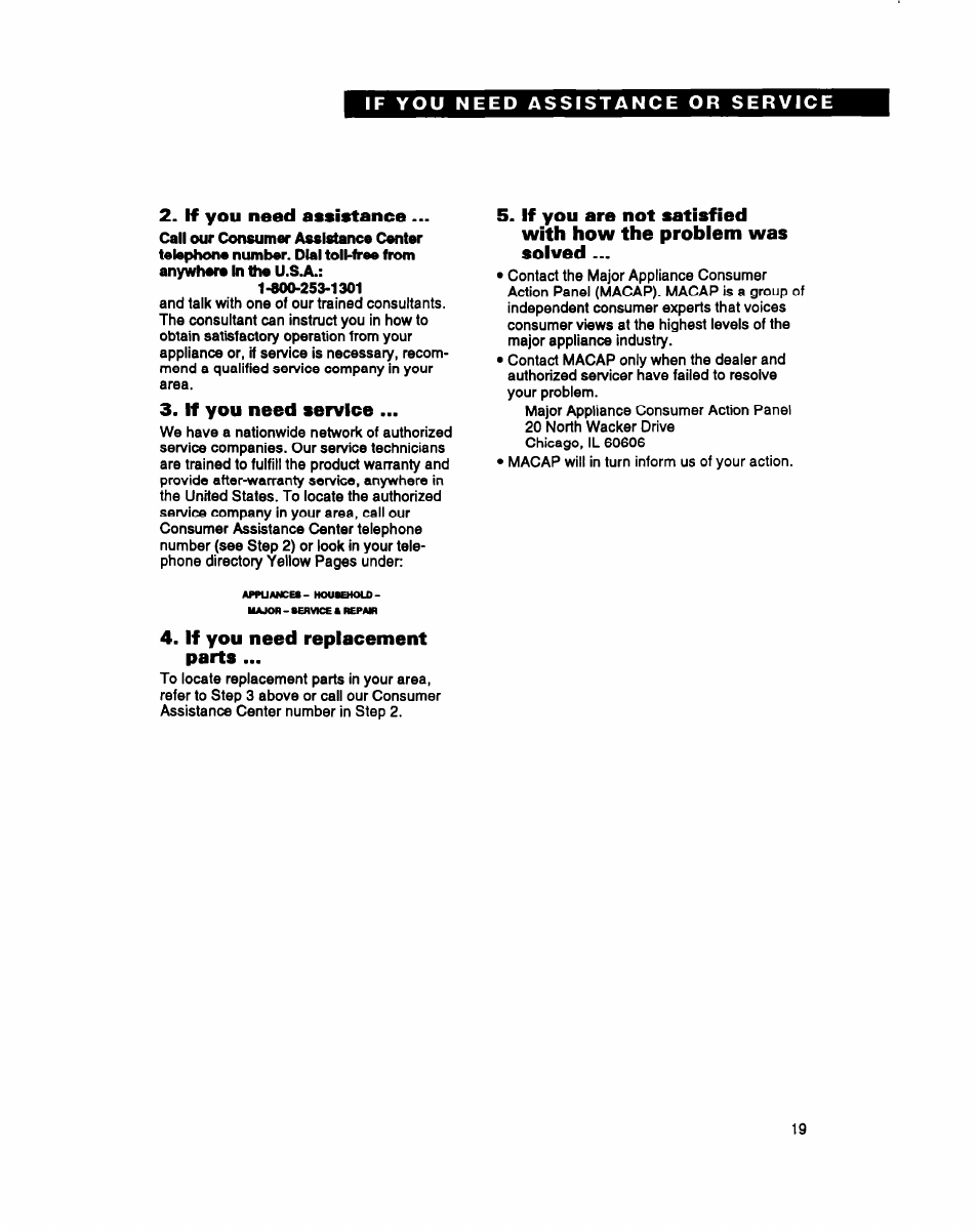 If you need assistance, If you need service, If you need replacement parts | Whirlpool BYCCD3421W0 User Manual | Page 19 / 20