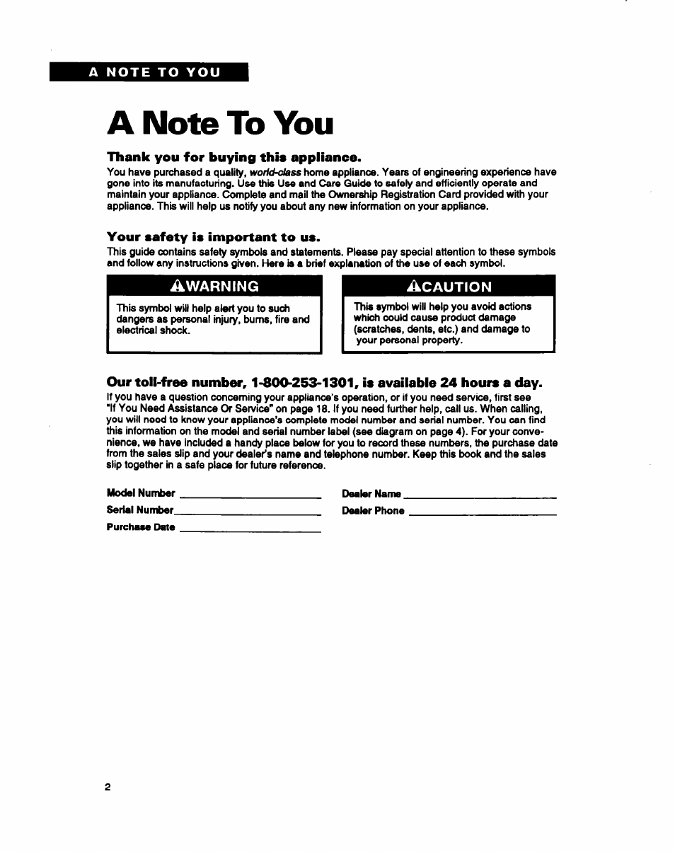 A note to you, Thank you for buying this appiiance, Your safety is important to us | Whirlpool BYCCD3421W0 User Manual | Page 2 / 20