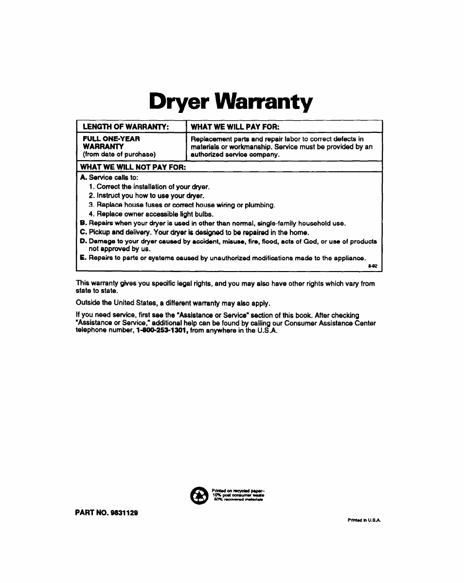 Dryer warranty | Whirlpool BYCCD3421W0 User Manual | Page 20 / 20